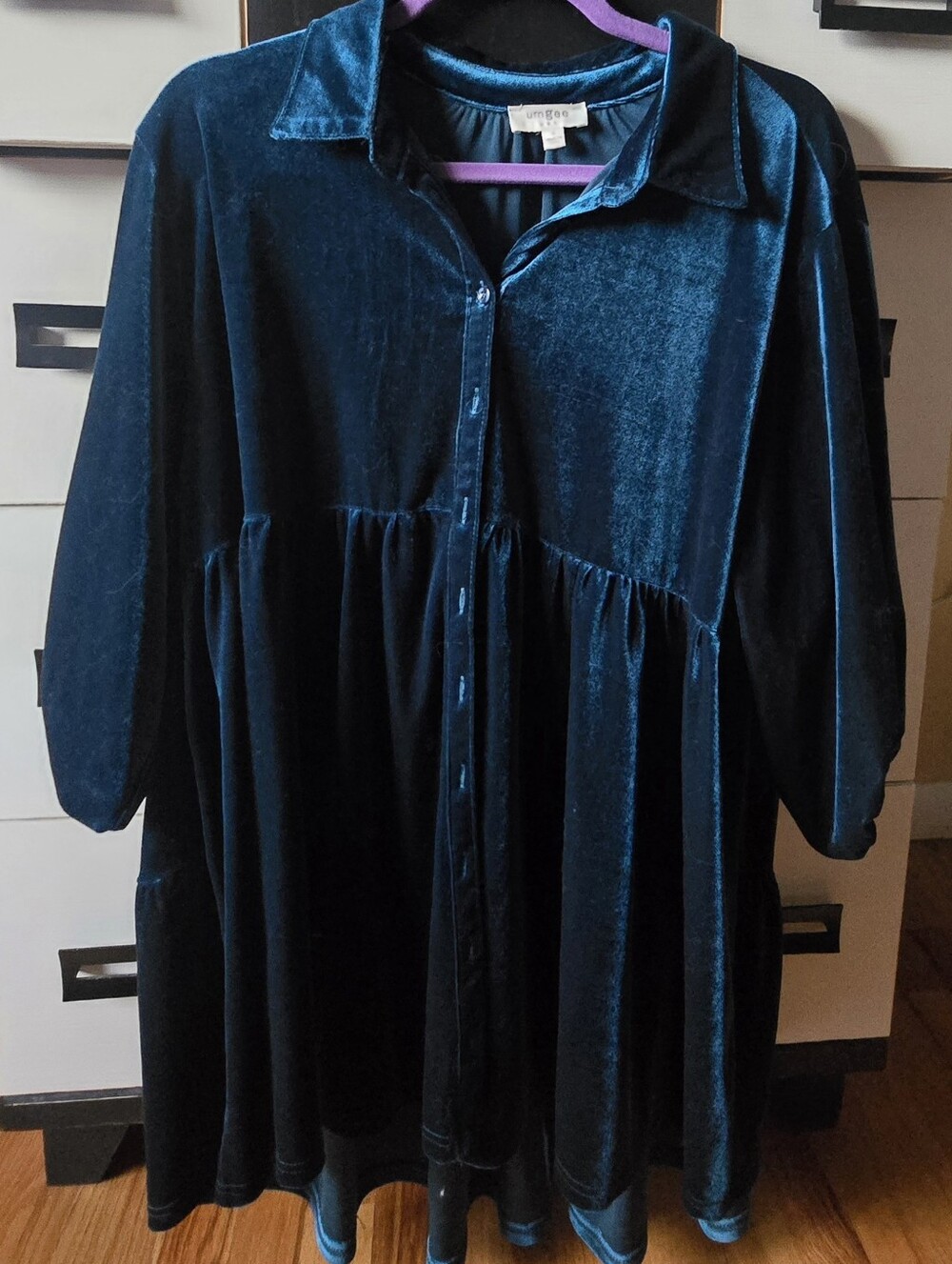 Umgee Velvet Button-Front Roomy Smock Top /dress in Teal Blue